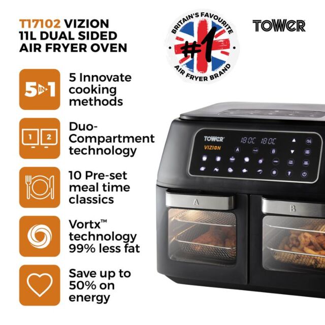 Tower T17102 Black Vortx Vizion Express Dual 11L Air Fryer